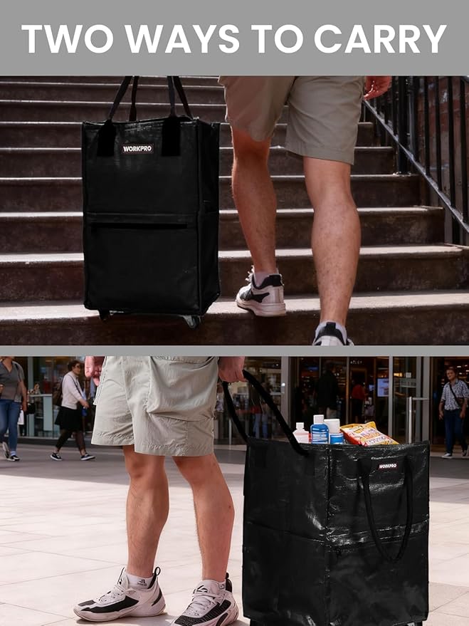 WORKPRO Large Reusable Grocery Bag on Wheels, Heavy Duty Rolling Shopping Tote with Handle, Folding Trolley on 5 Caster Wheels for Groceries, Laundry, Camping, Moving