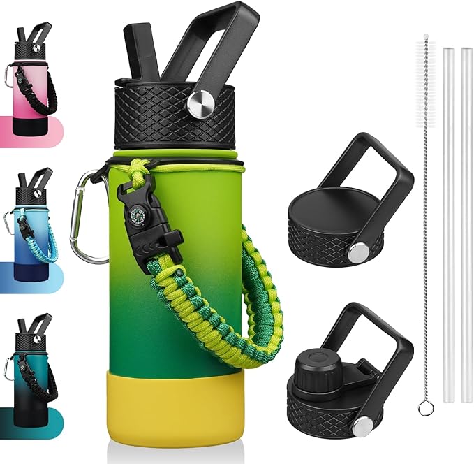 BJPKPK Water Bottle with Straw Lid, 18oz Insulated Water Bottles with 3 Lids, Paracord Handle & Non-slip Boot,Stainless Steel Metal Thermal Flasks,BPA Free Leak Proof Tumblers,Bamboo Grove