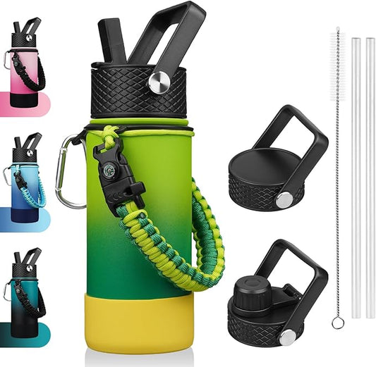 BJPKPK Water Bottle with Straw Lid, 18oz Insulated Water Bottles with 3 Lids, Paracord Handle & Non-slip Boot,Stainless Steel Metal Thermal Flasks,BPA Free Leak Proof Tumblers,Bamboo Grove