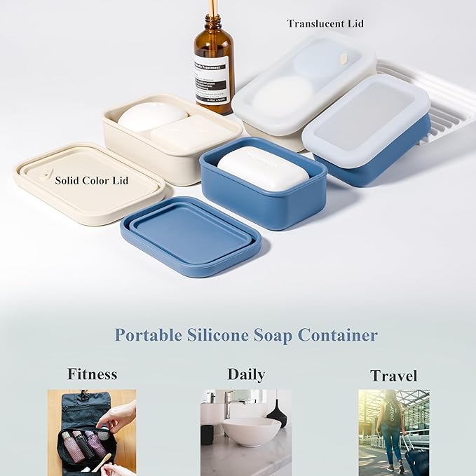 MtBoi 2PC Portable Leakproof Travel Soap Case, Silicone Travel Soap Case, Compact Soap Holder with Drainage Layer, Travel Soap Holder for Camping, Gym, Outdoor White&DarkBlue