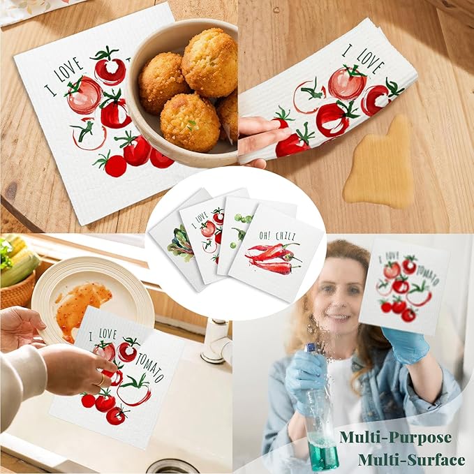 Swedish Dishcloths for Kitchen, Swedish Dish Cleaning Cloths for Vegetable, Beet Chili Tomato Peas，Papaya Reusable Paper Towels, 4 Pack Dish Towels for Kitchen, Reusable Dishcloths Washable