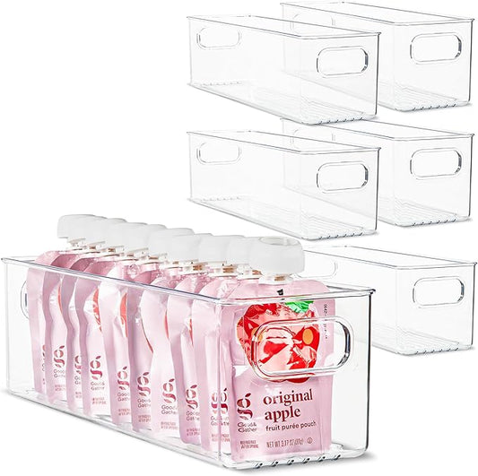 primebox Plastic Food Storage 6 Pack Clear Container Bin with Handles for Organizing Kitchen, Pantry, Refrigerator, Freezer, Pantry, Cabinet, Closet, Bathroom. 14”x4”x4”