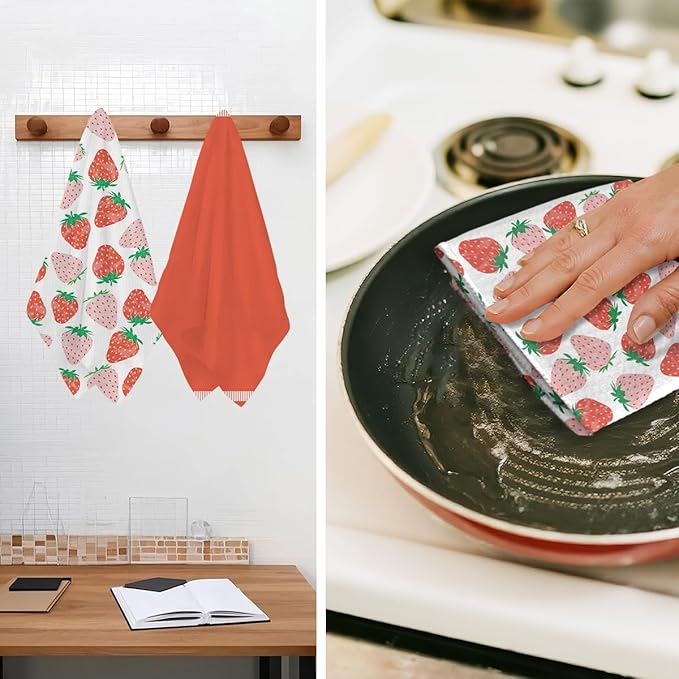 Jztco 2Pcs Strawberry Kitchen Towels 24x14 Inch, Summer Fruits Waffle Weave Hand Towels for Kitchen Home Decor, Red Absorbent Microfiber Dish Cloth Tea Towel, Strawberry Gifts for Women Mom Grandma