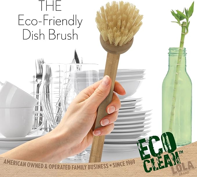 LOLA Eco Clean Bamboo Dish Brush, 6 Pack, Multi Purpose, Sustainable Ergonomic Renewable Bamboo Handle, Fibers are Recycled Soda/Water Bottles