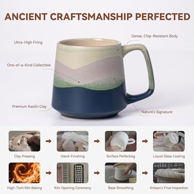 14.5oz Kiln-Change Mountain Ceramic Coffee Mug, 1340℃ High-Fire Unique Glaze Mug - Lead-Free, Microwave Safe, Gift for Coffee/Tea Lovers & Friends