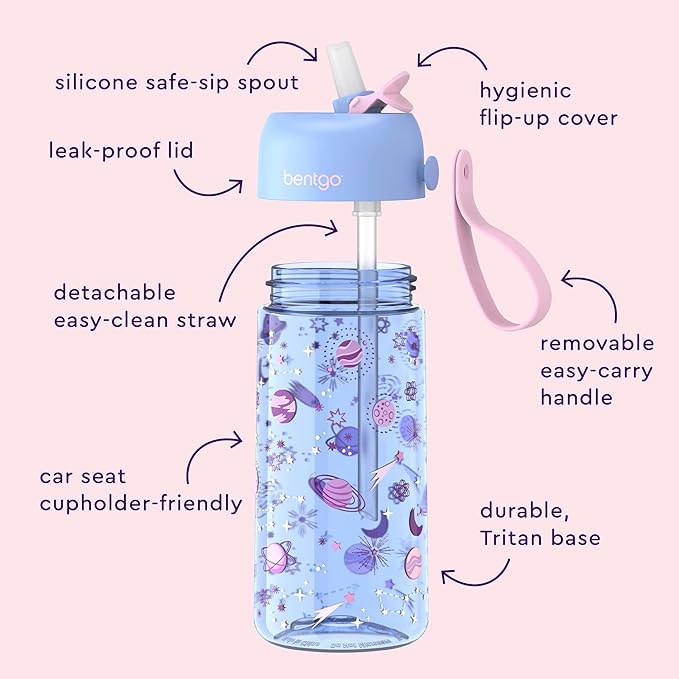 Bentgo Kids Water Bottle 2-Pack - Leak-Proof, Durable Tritan, BPA-Free 15 oz. Cup for Kids/Toddlers Ages 3+, Safe Sip Spout, & Dishwasher Safe for School/Sports/Daycare/Camp (Unicorn/Lavender Galaxy)