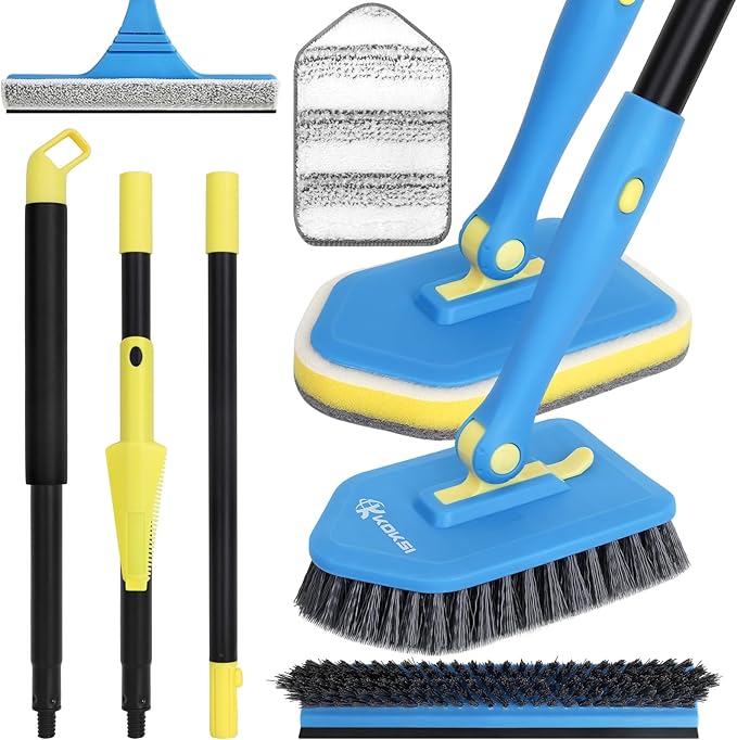 Extendable Cleaning Brush 51" with Stiff Bristles, Scouring Pad, Microfiber Pad, V-Shape Scrub Brush & Squeegee for Bathroom, Shower & Tile Cleaning