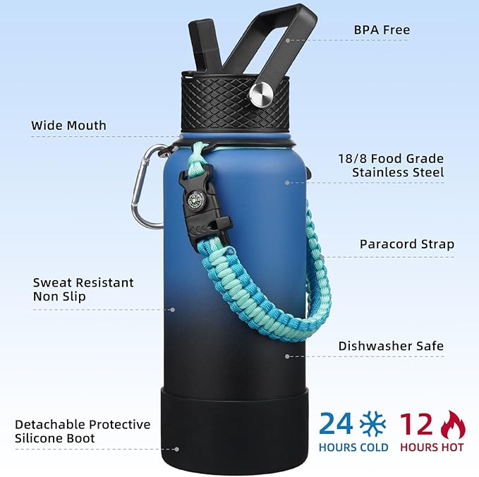 BJPKPK 32oz Insulated Water Bottles with 3 Lids, Paracord Handle & Non-slip Boot, Stainless Steel Metal Water Bottle,Reusable BPA Free Thermal Flasks, Tumblers, Blue Black