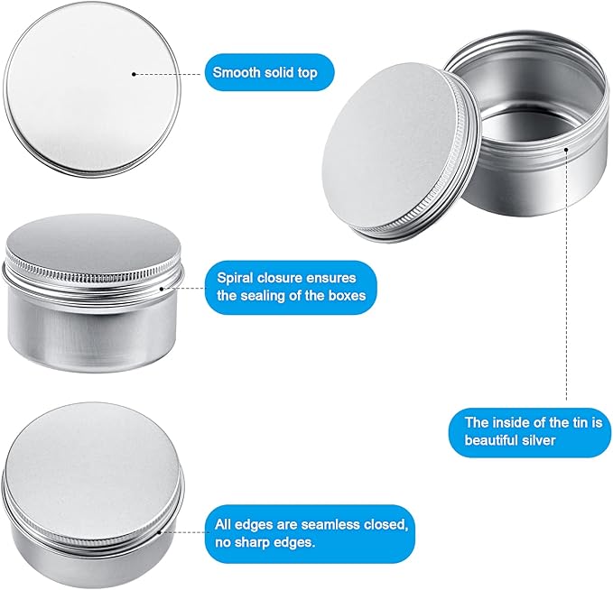 Patelai Silver Christmas Aluminum Tin Cans 24 Pcs 4 oz Round Metal Tin Jar Containers Refillable Aluminum Storage Cans with Screw Lid and 10 Sheets Label Sticker for Salve Spice Candy Candle