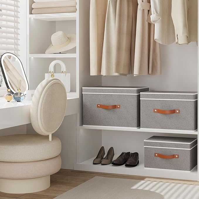 Collapsible Storage Bins with Lids, Linen Foldable Cloth Baskets, 17.7 x 11.8 x 11.8 Inch Closet Organizer Containers with Double Handles, Sweater Boxes for Bedroom, Grey, 5 Pack
