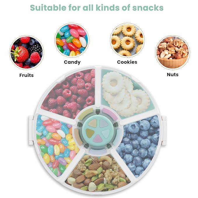Snack Rotator Container Reusable Snack Box with 5 Compartment Dispenser and Lid, Color Matching Opening Lid, BPA and PVC Free, for Home, School, Travel (2 Pack- Green)