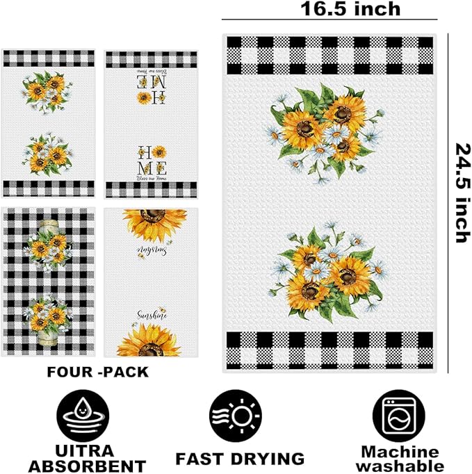 Jztco 4Pcs Sunflower Kitchen Towels 24x14 Inch, Spring Summer Floral Checkered Hand Towels for Kitchen Farmhouse Decor, Absorbent Dish Cloth Tea Towel, Sunflower Gifts for Women Mom, Bless Our Home