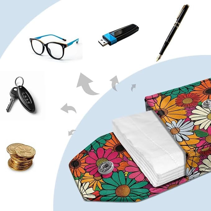 Portable Tissues Purse, Hanging Rope Tissue Bag Hippie Flower Reusable Paper Holder for Travel Outgoing Daily