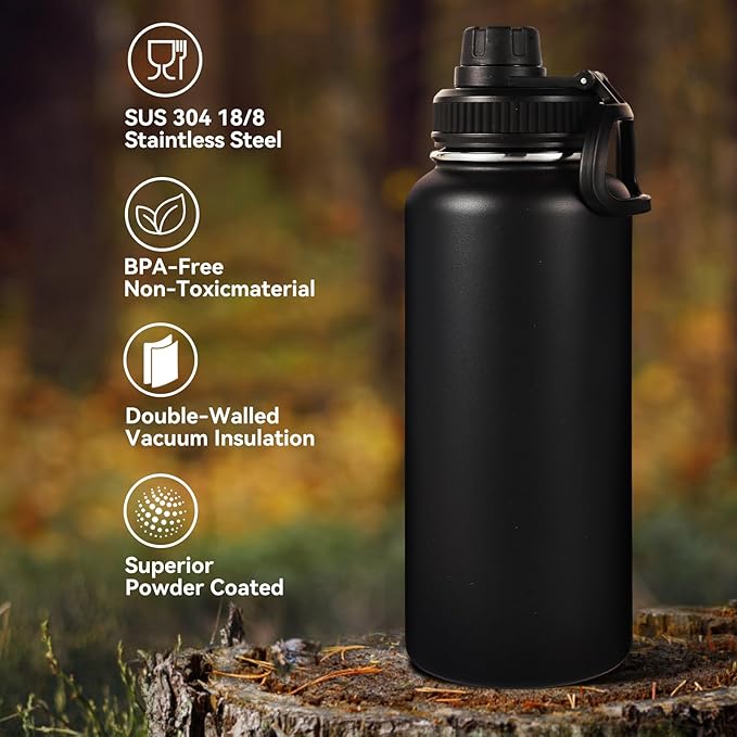 Neihepal 32 oz Insulated Water Bottles with 2 Lids (Straw & Spout Lid), 18/8 Stainless Steel Double Wall Water Bottle for Gym, Travel, Camping, Sports (Black,2 Pack)