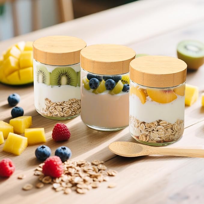 4 Pack 16oz Glass Jars with Bamboo Lids, Spoons, Airtight Overnight Oats Containers, Wide Mouth Mason Jars, Food Storage Container for Yogurt Salad Snacks Spice Sugar Meal Prep – Reusable