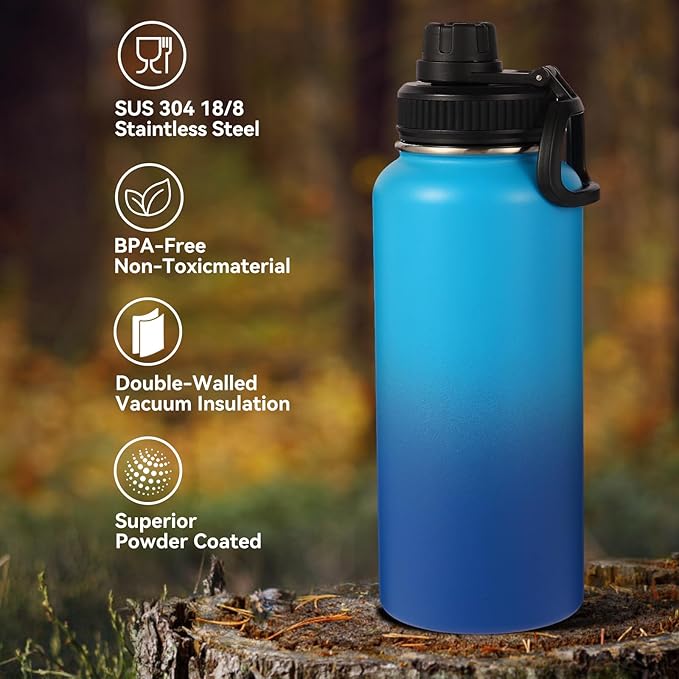 Neihepal 32 oz Insulated Water Bottles with 2 Lids (Straw & Spout Lid), 18/8 Stainless Steel Double Wall Water Bottle for Gym, Travel, Camping, Sports (Green Blue,2 Pack)