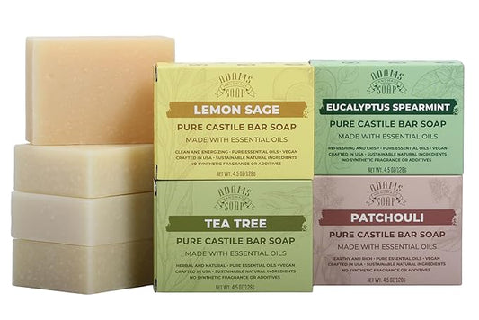 Adams Handmade Soap Variety Pack – 4 Bar Set: Tea Tree, Eucalyptus Spearmint, Patchouli, Lemon Sage | Vegan, Cold Process, 84% Organic, Essential Oils, USA Made