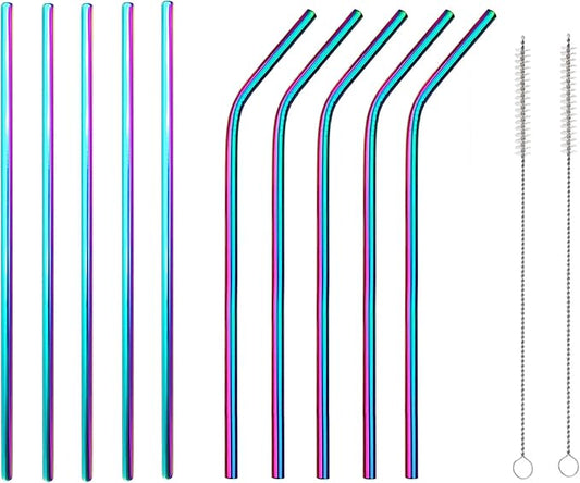 10 Pcs Stainless Steel Straws, Reusable Drinking Straws, 5 Straight + 5 Bent Metal Straws Set With 2 Pcs Cleaning Brushes (Colorful, 8.5 Inch)