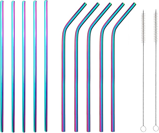10 Pcs Stainless Steel Straws, Reusable Drinking Straws, 5 Straight + 5 Bent Metal Straws Set With 2 Pcs Cleaning Brushes (Colorful, 10.5 Inch)