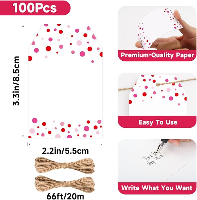 Anwyll Gift Tags with String - 100Pcs Pink Confetti Polka Dot Gift Bag Tags Personalized White Blank Hang Paper Label Tag for Birthday Party Bridal Shower Wedding Valentines Mothers Day Favors Present
