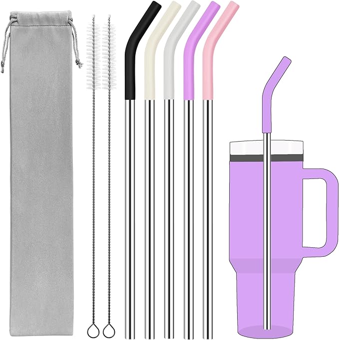 Set of 5 Stainless Steel Straws for 40 Oz Tumbler,For Stanley 40 Oz Tumbler, Reusable Metal Straw with 10 Silicone Tips and 2 Straw Cleaning Brush（5 colours 3, 40oz）