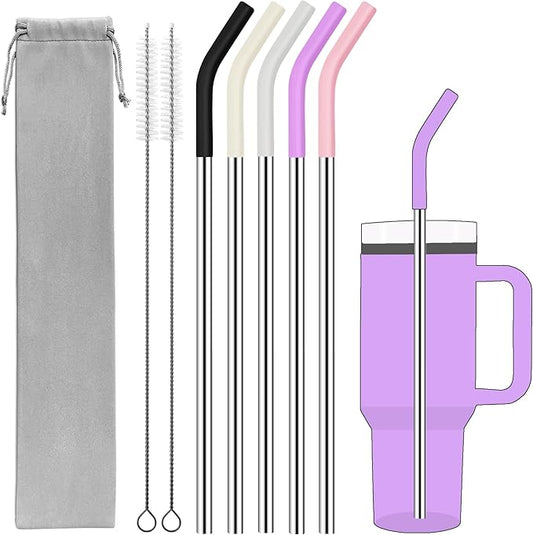 Set of 5 Stainless Steel Straws for 40 Oz Tumbler,For Stanley 40 Oz Tumbler, Reusable Metal Straw with 10 Silicone Tips and 2 Straw Cleaning Brush（5 colours 3, 40oz）