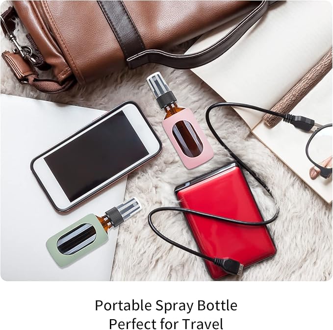 HOMBYS Empty Amber Glass 2oz Small Spray Bottles with Silicone Sleeve Protection - Refillable Containers for Travel, Cleaning Solutions, Essential Oils, Sanitizers - Fine Mist Spray - 4 Pack-Amber
