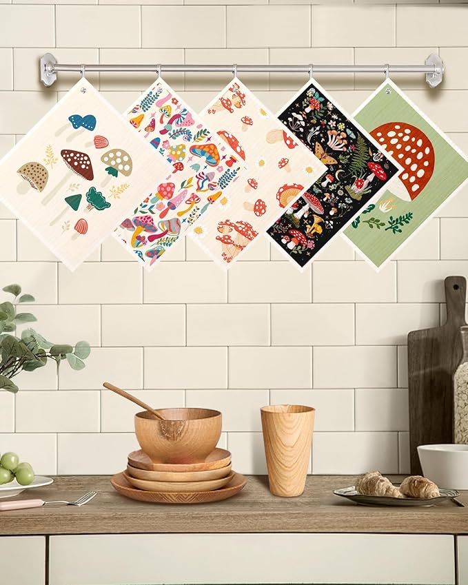 Swedish Dishcloths for Kitchen with Hooks - Reusable Dish Cloths for Washing Dishes Fast Drying Cute Fun 5 Pack Swedish Dish Towels Washable Cleaning Sponge, Swamm Series