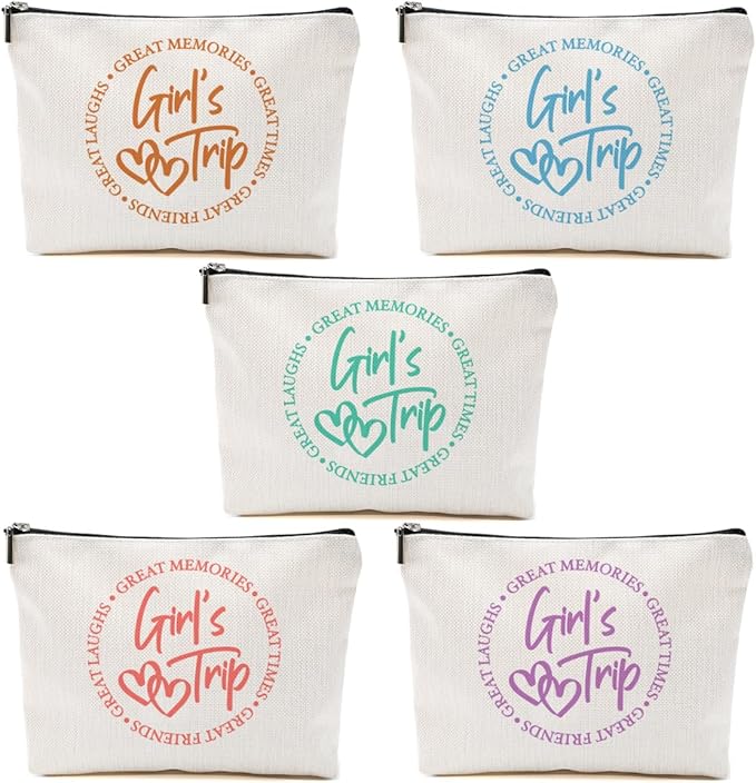 5-Piece Girls' Trip Favors - Makeup Bags for Weekends, Besties & Bridesmaids - Toiletry Bag for Travel, Graduation & Wedding Gifts