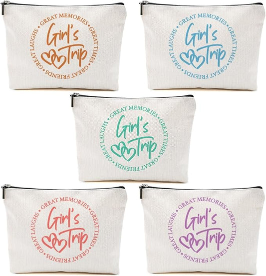 5-Piece Girls' Trip Favors - Makeup Bags for Weekends, Besties & Bridesmaids - Toiletry Bag for Travel, Graduation & Wedding Gifts