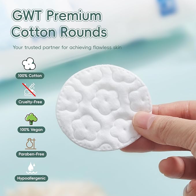 GWT Premium Cotton Rounds for Face, 100% Pure & Lint-Free Cotton Pads, Soft & Absorbent Makeup Remover, Hypoallergenic, Multi-Layer Design, 100 Count (Pack of 1)