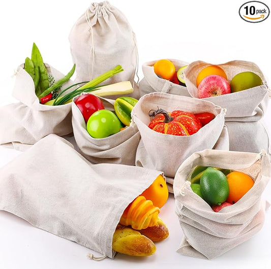 Woanger 10 Pack Reusable Produce Bags - X-Large 12 x 16 Inch Cotton Muslin Bags with Drawstrings Washable Canvas Fabric Sacks for Bread, Bulk Produce, Shoes