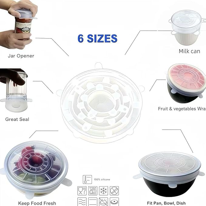 6 sizes Silicone Stretch Lids and Seal Lids,Reusable Elastic Heat-Resistant Bowl Covers,Used for food storage,for cups,bowls jars,for ound & Rectangle Container (6-Piece Set）