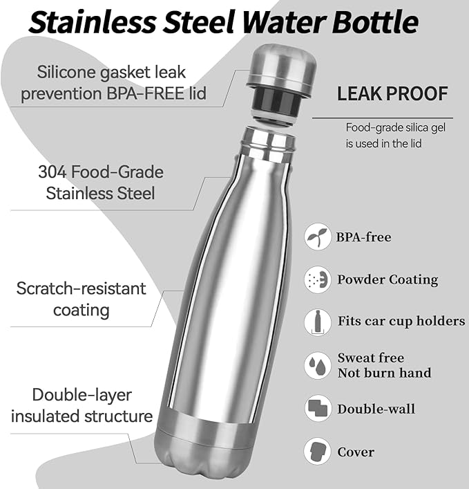 OWS 17oz Insulated Water Bottles Bulk 1/2/4 Pack, Metal Sports Water Bottles, Double Wall Vacuum BPA-Free Flask for School, Sports(silver 2pcs)