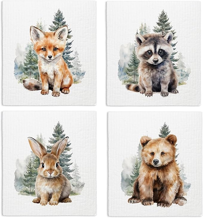 Swedish Dishcloths for Kitchen, Fox Rabbit Dish Rags Kitchen Dish Towels for Washing Dishes, 4 Pack Reusable Paper Towels Washable, Sponge Cloths for Home Cleaning Cooking Baking Decor