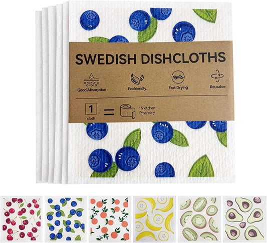 6 Pack Swedish Dishcloths – Super Absorbent, Reusable & Eco-Friendly Kitchen Towels (Fruit/Lavender/Camping/Solid Colors) (Fruit Party)