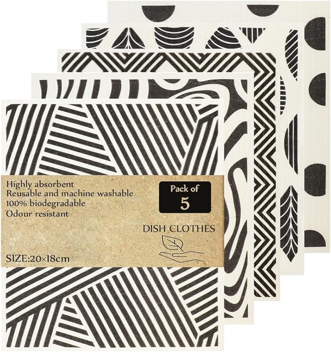 KMAKII Swedish Dishcloths Reusable, Absorbent, Quick-Drying Sponge Cloths for Kitchen and Counter Cleaning, Reusable Dish Towels and Dish Cloths, Black & White, Pack of 5 Pcs