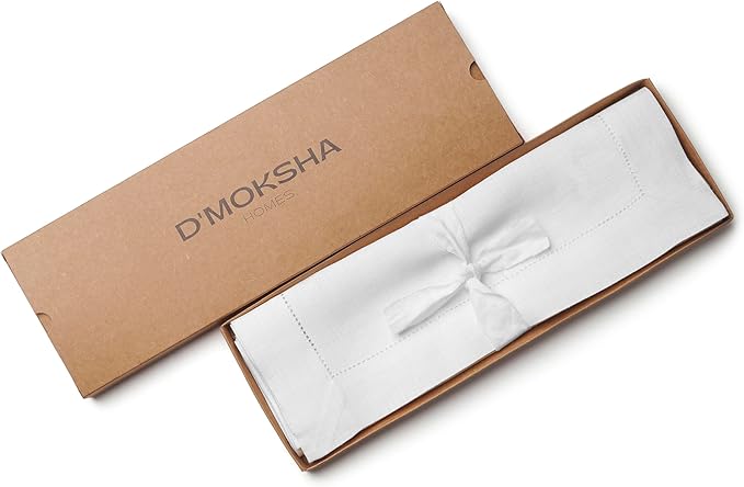 D'Moksha Homes White Linen Placemats Set of 4 - Classic Hemstitch Placemats 14 x 19 Inch - 100% Pure Linen Table Mats for Winter, Christmas, Holiday - Handcrafted and Machine Washable