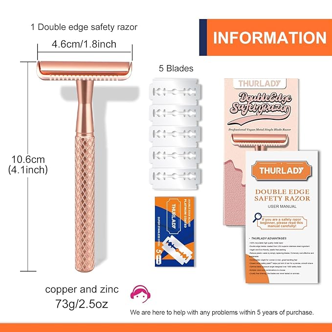 Rose Gold Safety Razor - Single Blade Razors for Women - Reusable Metal Razor, with 5 Stainless Steel Double Edge Blades, Smooth Close Shave, Sustainable, Plastic Free