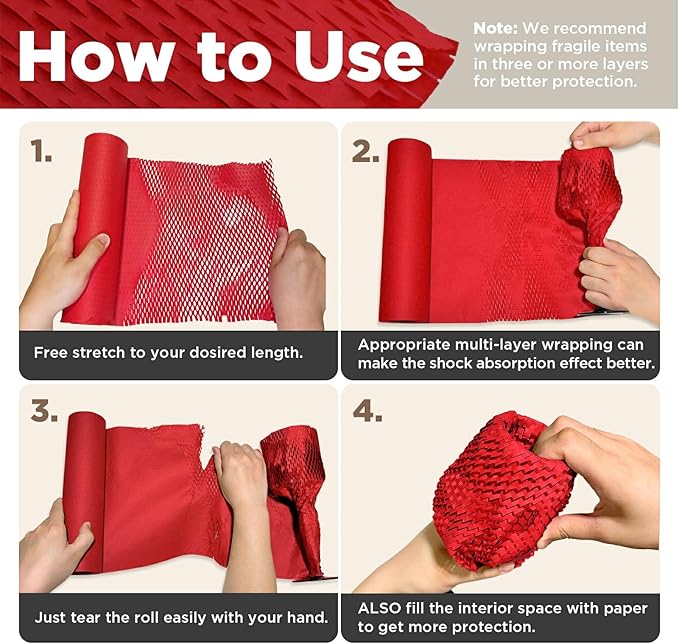 Honeycomb Packing Paper, 12"x50' Red | Perforated Honeycomb Packing Paper Recyclable Moving Supplies for Shipping & Moving | Plastic-Free Alternative to Bubble Cushion Wrap with 36 Fragile Stickers