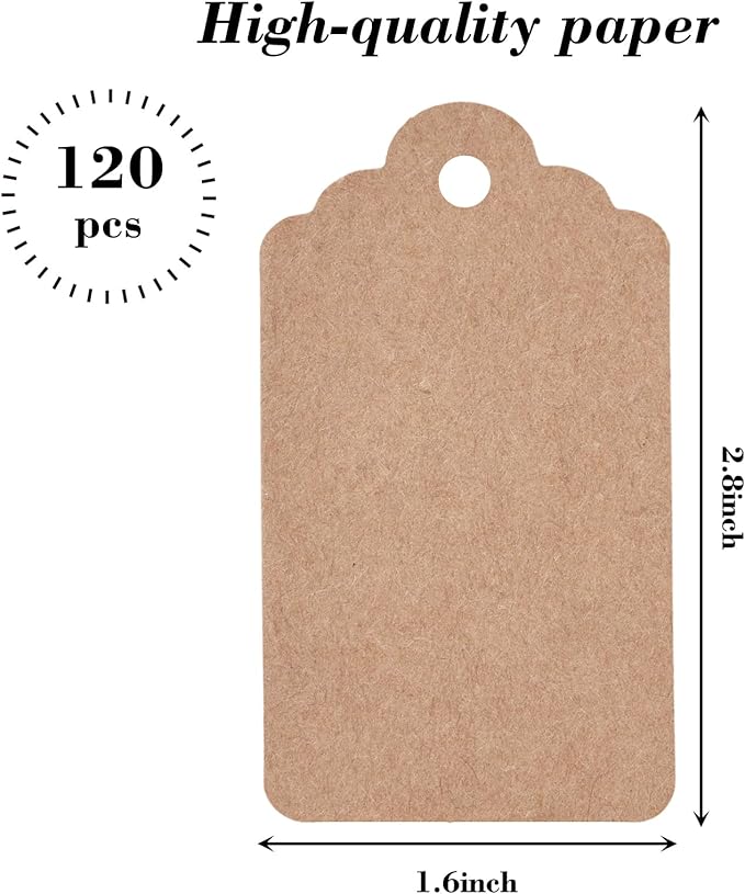 SallyFashion 120PCS Gift Tags with String Attached, 1.6 x 2.8 inch Kraft Paper Hang Tags for Clothes DIY Crafts Wedding Holiday (Brown)