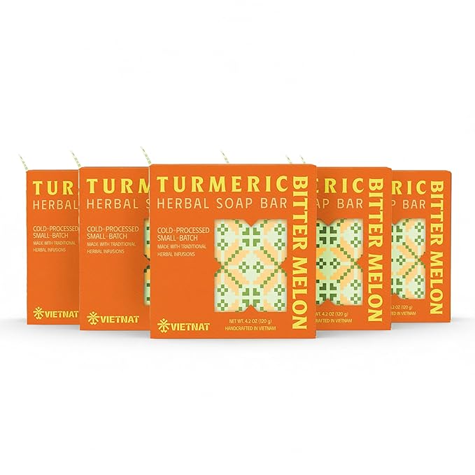 Turmeric & Bitter Melon Soap Bar (Pack of 5) – Cold Process Handmade Soap, 2-in-1 Cleansing & Refreshing Body Bar with Vietnamese Herbs, Plant-Based Formula