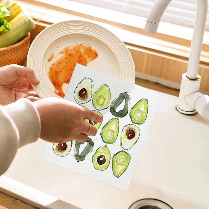Avocado Swedish Dishcloths for Kitchen, Swedish Dish Cleaning Cloths for Friut, Papaya Reusable Paper Towels, 4 Pack Dish Towels for Kitchen, Reusable Sponge Cloths Washable