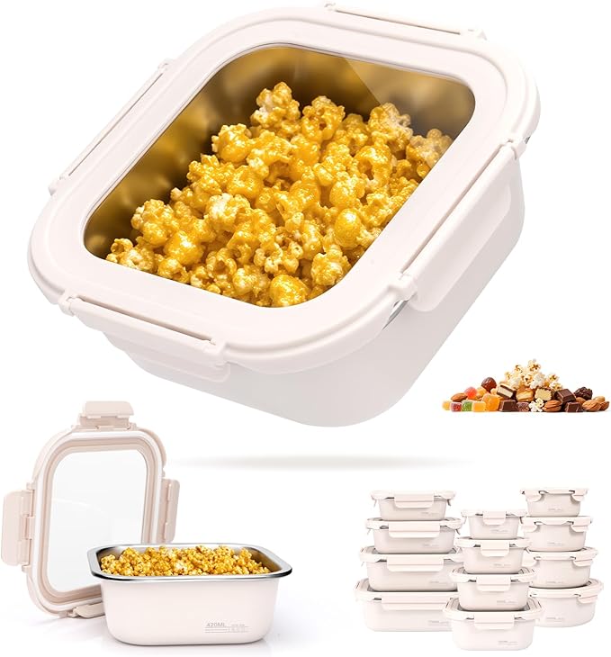 14oz Stainless Steel Lunch Box With Leakproof Tempered Glass Lids Microwavable Stainless Steel Food Storage Containers Stackable Freezer Fruit Snack Meal Prep Metal Bento Box for Travel Picnic Square