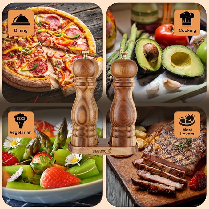 QUEEN Acacia Salt Pepper Grinders Refillable Set, Acacia Wood Salt and Pepper Set, Easy Refillable Manual Wooden Salt Pepper Grinder with Tray 2pcs, Perfect Housewarming Gifts