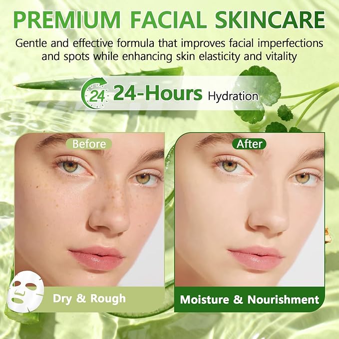 12Pcs Aloe Vera Face Masks Skincare Set for Moisturizing, Face Mask Skin Care Sheet for Dry & Sensitive Skin, Bulk Aloe Face Masks with Effective Extract, Premium Facial Skincare for Hydrating