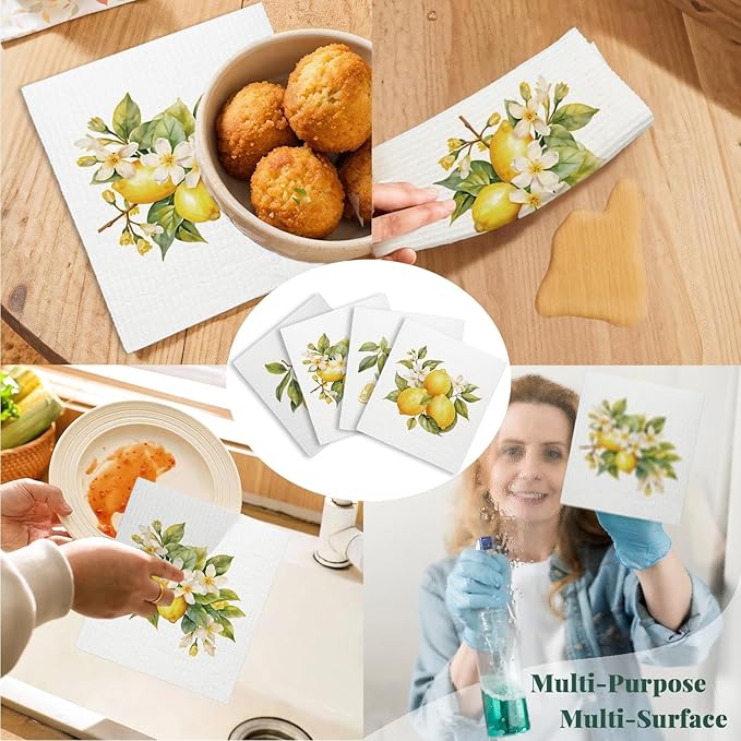 Swedish Dishcloths for Kitchen, Papaya Reusable Paper Towels Washable, Summer Lemon Swedish DishCloths for Friut, 4 Pack Dish Towels for Kitchen, No Odor Cleaning Cloths