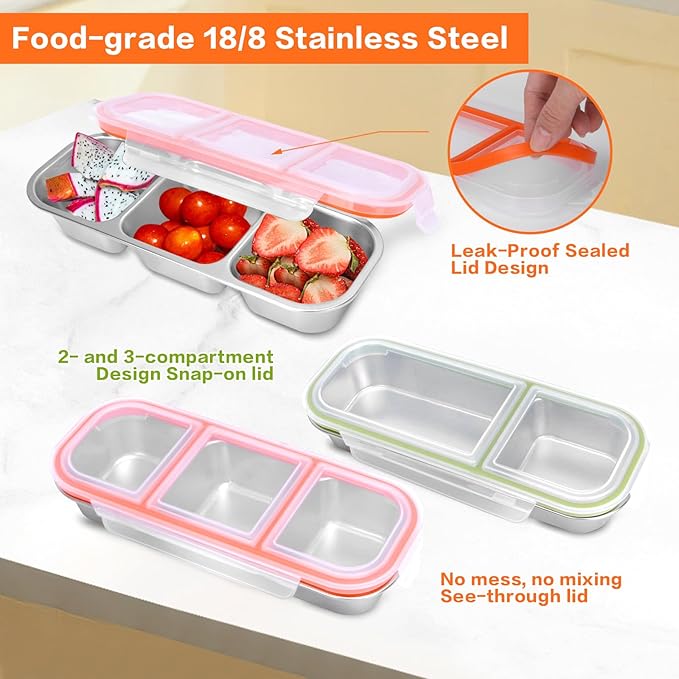 4 Pack Stainless Steel Bento Box with Lids, 304-Grade, 2-Compartments Food Storage Containers, Reusable Snap-on Lid Snack Containers Set, Meal Prep Lunch Box with Covers (24 oz / 700ml)