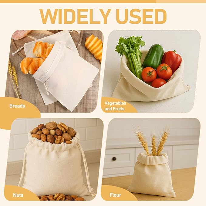 20 Pcs Cotton Storage Bags,8X10 inch Cotton Drawstring Bags,Reusable Produce Bag,Washable Muslin Storage Bag,Natural Canvas Fabric Sachet,for Vegetables Fruit & Grocery Shopping Home Supplies