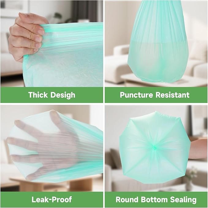 2 Gallon Mini Green Trash Bag - Small Garbage Bags For Bathroom Can 100 Count 7.5 Liter Unscented Compostable Biodegradable Tiny Little Waste Basket Liners Kitchen Car Office Strong Thick Heihaily